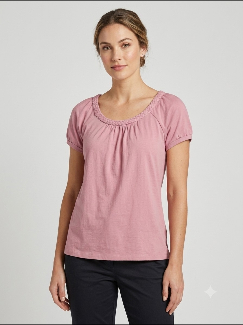 a.n.a Pink Scoop Neck Short Sleeve Top with Braided Trim